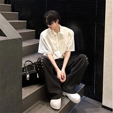 港风复古短袖衬衫男女夏季休闲别致正肩上衣小众设计感POLO领衬衣，男装衬衫，星座506A