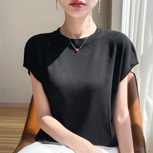 短袖t恤女2025新款夏季洋气体恤宽松冰丝针织衫纯色简约飞袖小衫图片