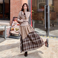 2025秋款氛围感收腰假两件长袖上衣显瘦百搭拼接半身裙两件套，女装套装/套裙，浙宝305