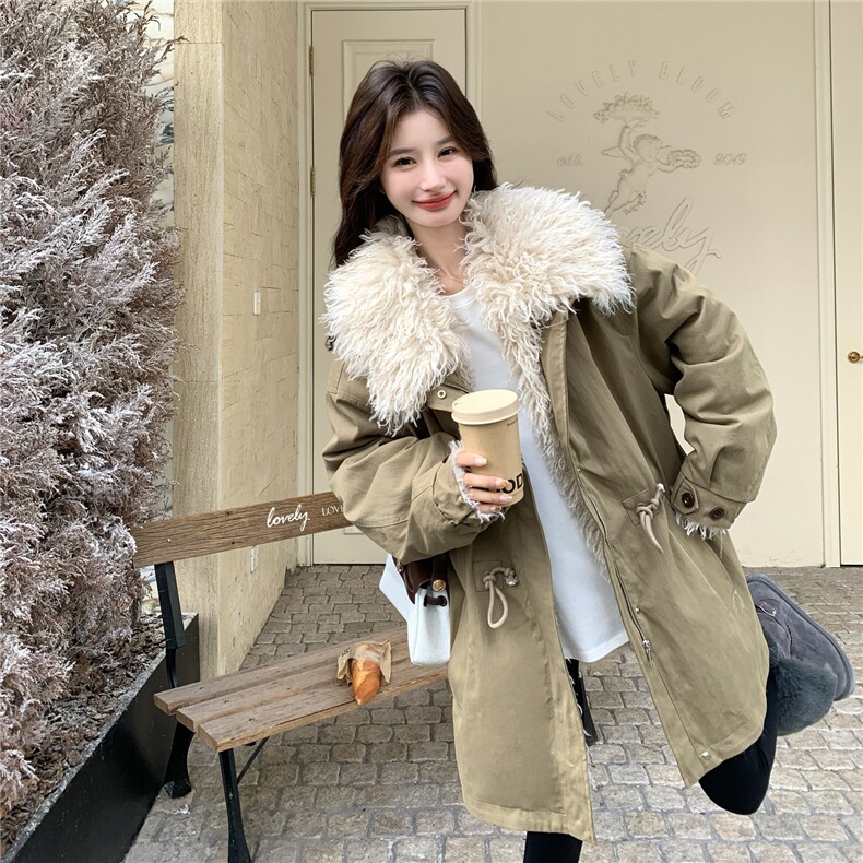 可拆卸毛绒内胆加绒加厚派克军绿色中长款皮毛一体外套冬,女装派克服,2B186
