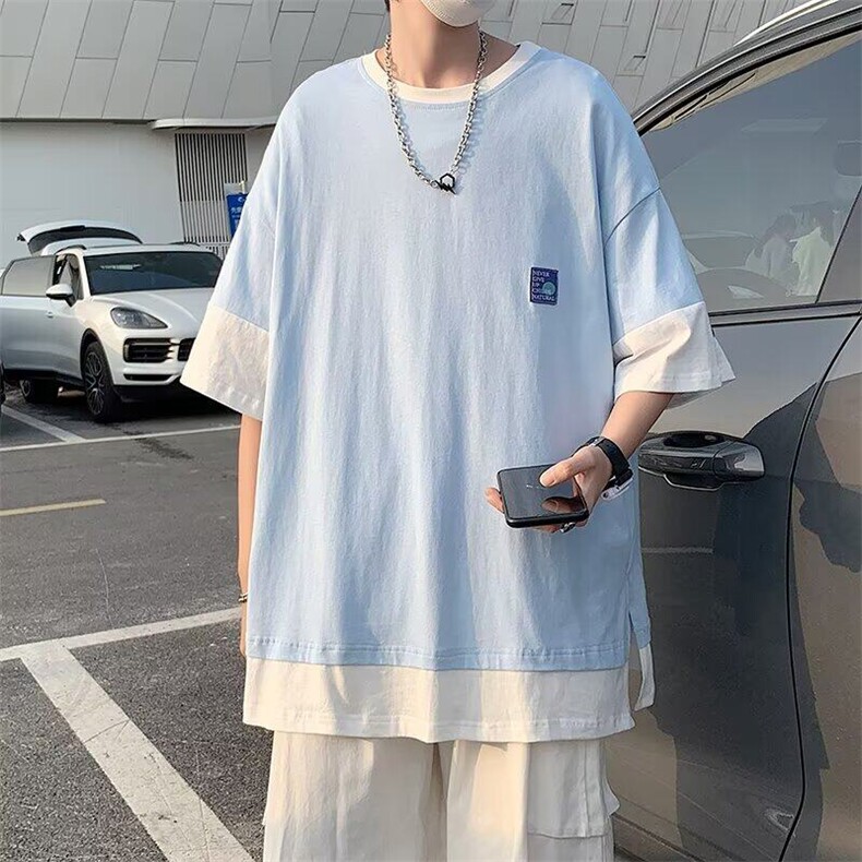 夏季港风假两件短袖T恤男宽松痞帅百搭休闲五分袖上衣,男装T恤,星座410-7