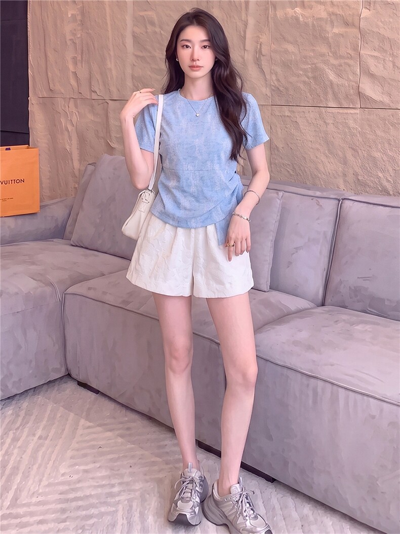 女夏新款时尚减龄套装圆领侧绑带晕染设计短袖上衣蕾丝短裤两件套,女装套装/套裙,江南