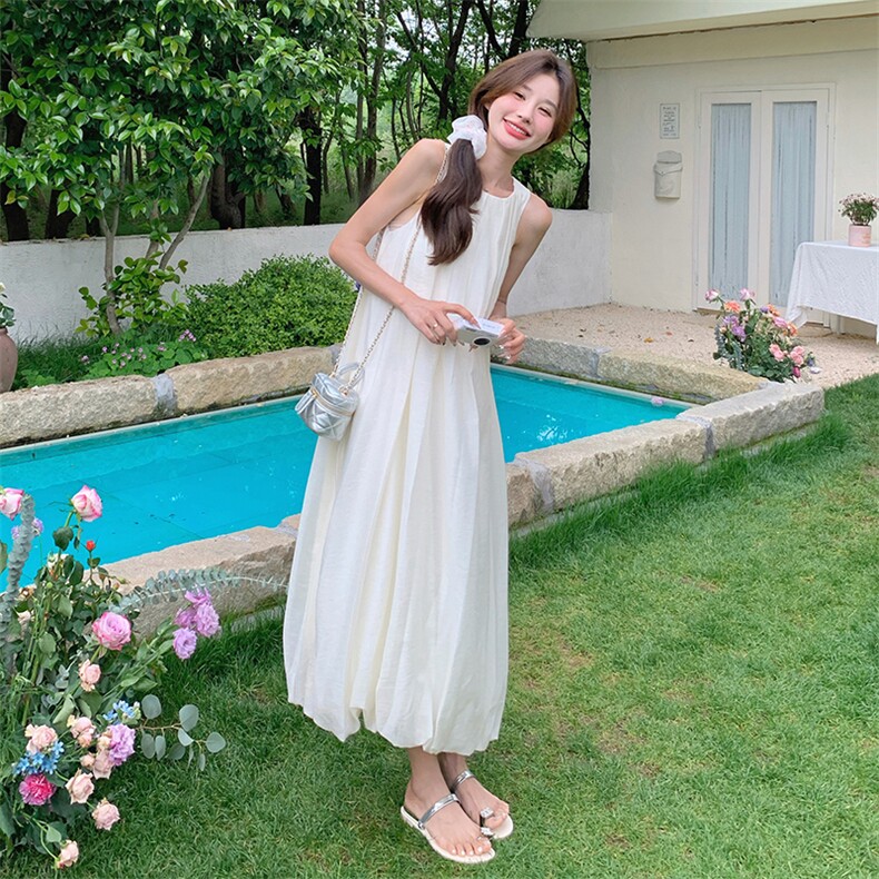 天丝麻宽松腰茧型无袖2024年夏季长裙文艺复古，女装连衣裙，诺蝶