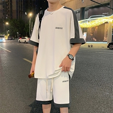 特批P37无差价夏季菠萝格拼接字母刺绣设计感小众短袖短裤男TZ301，男装休闲套装，电商A001-1