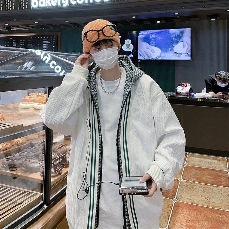 假两件外套男秋冬季潮流格子拼接夹克华夫格休闲衣服JK07356-P58,男装夹克,星座308B-1