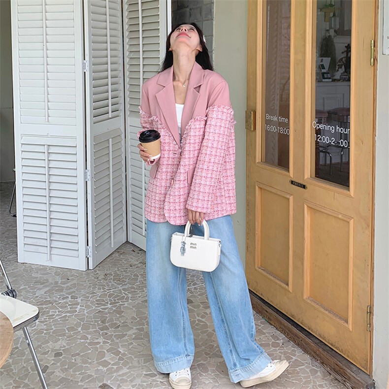 高级感粉色小个子西装外套女春秋2025新款韩版小香风拼接休闲西服,女装西装,天使之佳话