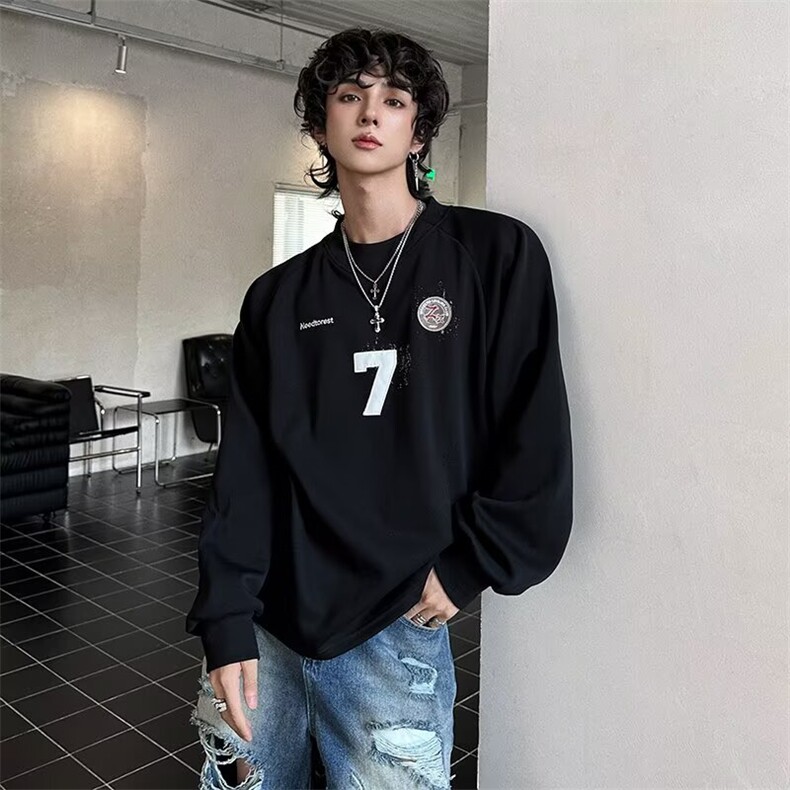 W51-P44 美式复古原创设计感7号图案卫衣男女款学院风百搭图片