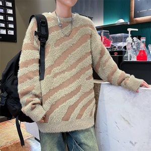 水貂绒斑马纹毛衣男冬季美式复古慵懒风针织衫加厚保暖高级感外套图片
