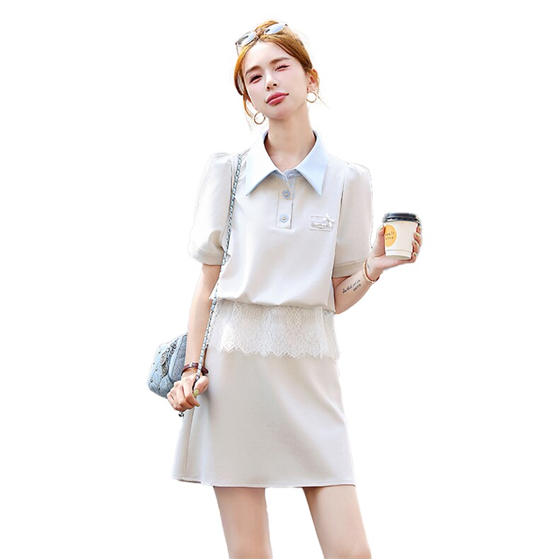 时尚休闲polo领套装裙女2025夏新款减龄蕾丝拼接洋气半身裙两件套,女装套装/套裙,歌伊格美