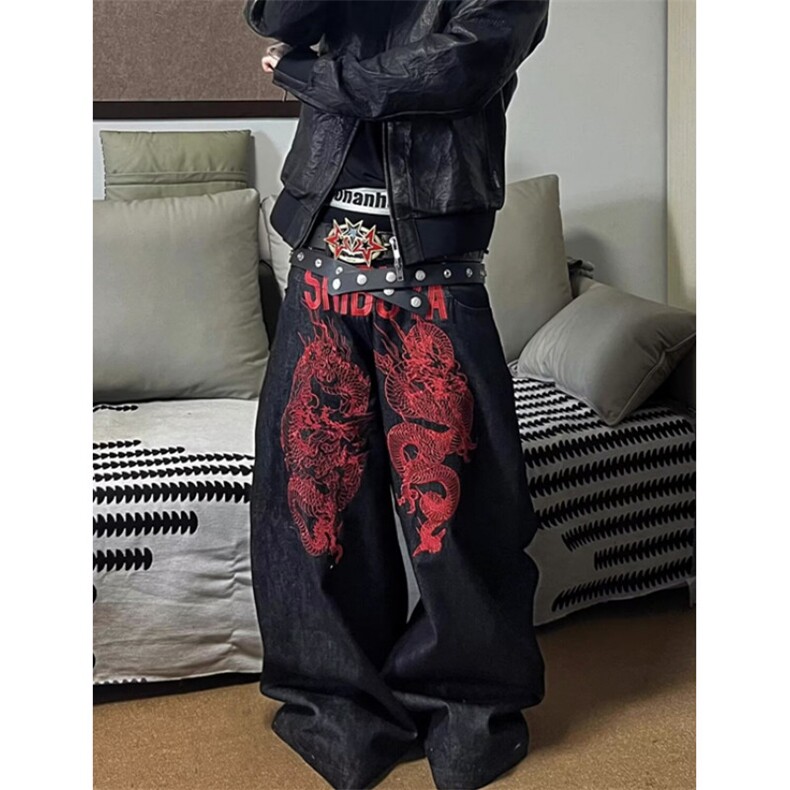 复古龙形印花牛仔裤女高街设计亚感宽松直筒阔腿拖地裤 NG3168图片