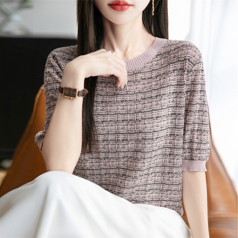 小香风圆领拼色针织衫半袖T恤女2025夏季休闲显瘦轻薄小个子上衣，女装T恤，九嘉羊绒