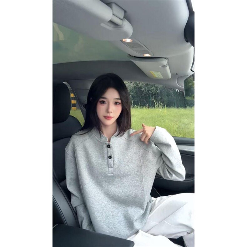 抖音得物品质美式高街重磅曼巴棉拼接cleanfit亨利领卫衣长袖T恤,男装T恤,电商A486