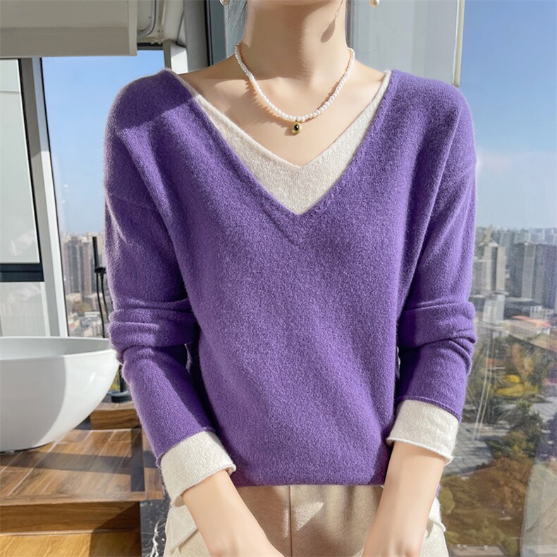 23秋冬V领拼色100%纯羊毛衫女假两件长袖毛衣宽松绒针织打底衫,女装羊毛衫,冀清阳荣
