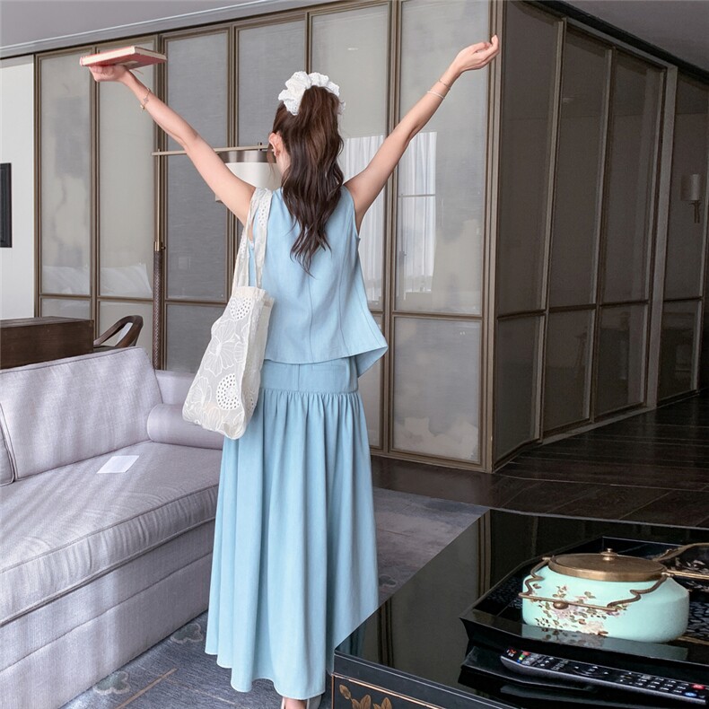 蓝色设计感马甲背心半身裙子套装女2025年夏季新款韩系休闲两件套,女装短外套,2C372