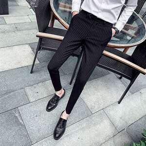 7631-P55加绒60 2021春秋条纹休闲裤西裤男士英伦风西装长裤子图片