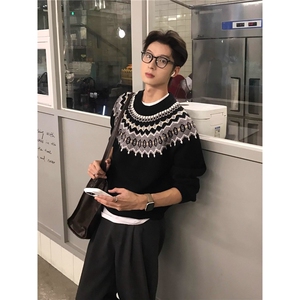 高质量美式复古费尔岛毛衣男秋季提花圆领针织衫内搭打底衫图片