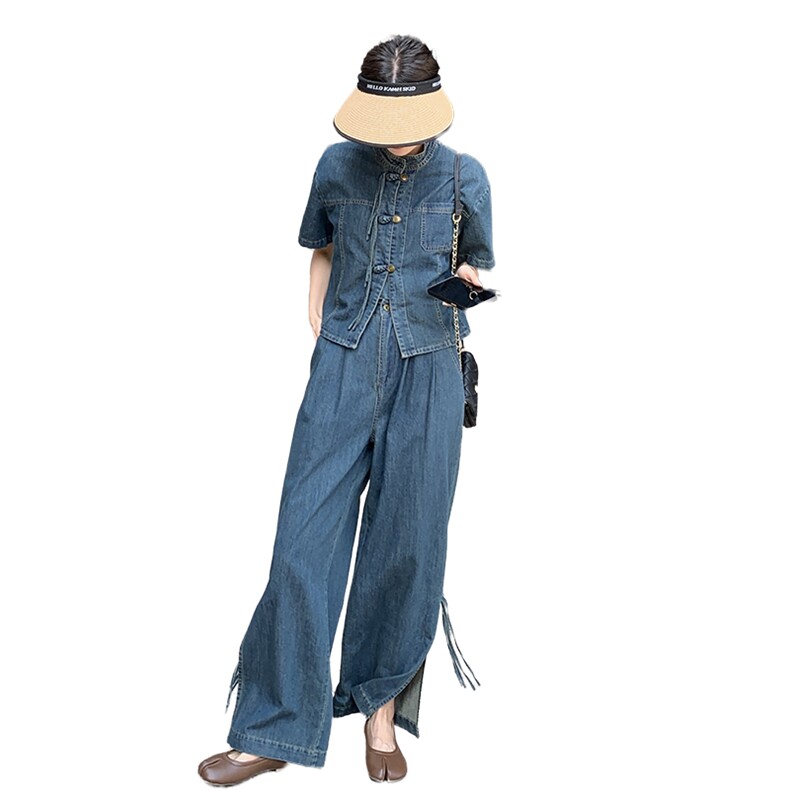 新品新中式牛仔盘扣衬衫阔腿裤套装2582-P145-K218,女装套装/套裙,2C159