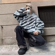 斑马纹毛衣男冬季加厚水貂绒针织衫秋冬款美式日系复古慵懒风外套，男装针织衫/毛衣，星座410-7