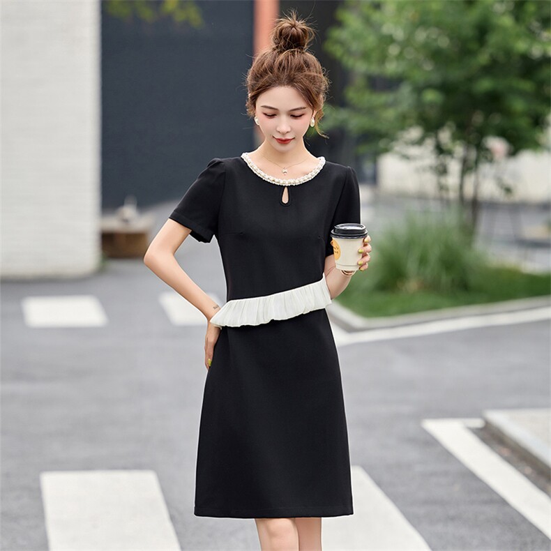 钉珠拼接黑色连衣裙女夏季新款时尚裙子2025年欧洲站大码女装,女装连衣裙,心心服饰