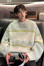 M8161/P65冬季美式时尚撞色条纹圆领?袖毛衣宽松休闲男女bf，男装针织衫/毛衣，电商A141