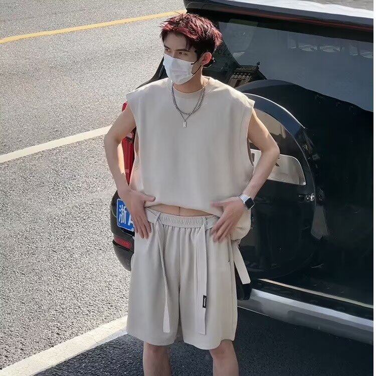 设计运动套装男款夏季无袖坎肩背心短裤少年感穿搭一整套,男装牛仔裤,星座506A
