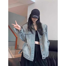 高街辣妹美式复古重工铆钉牛仔外套女春秋季宽松上衣LJK86444-P70，男装工装外套，星座1008