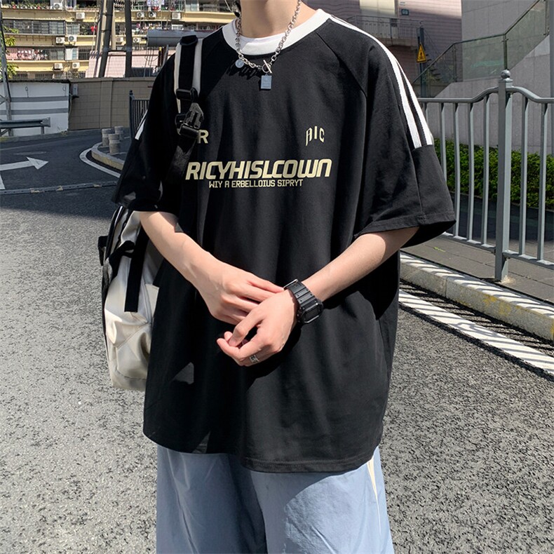 夏季美式高街重磅纯棉三条杠织带撞色男女短袖T恤ZD651-特P30图片