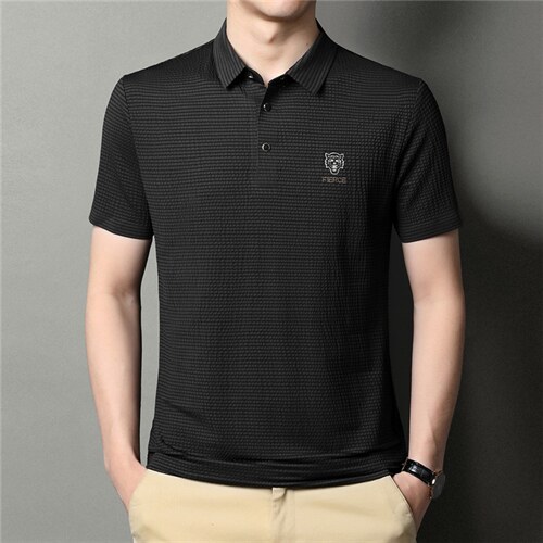 中年纯棉刺绣polo衫男短袖爸爸夏装t恤条纹丝光棉T恤父亲夏季衣服图片