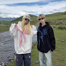 美式格子披肩拼接假两件连帽卫衣男女秋冬季新款上衣套头外套潮流，女装短外套，星座506A