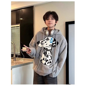 美式复古连帽套头毛衣男款冬季松弛慵懒情侣装斑点狗针织衫女图片