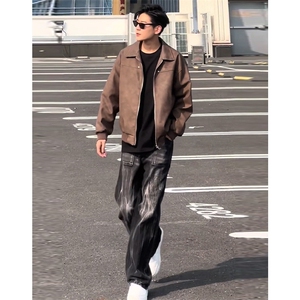 棕咖色麂皮外套男潮高级感痞帅cleanfit棒球服美式复古飞行员夹克图片