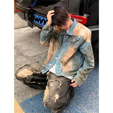 GW6609-P65美式废土风扎染牛仔外套男欧美街头小众水洗做旧宽，男装工装外套，电商B323A