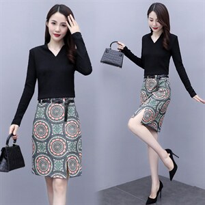 2023春季新款时尚优雅舒适高弹V领上衣+半身裙配腰带两件套，女装套装/套裙，岚衣(原川流布茜）