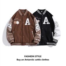 高品质复古咖啡色拼图毛巾绣毛呢pu皮拼接外套夹克棒球服男JK02，男装夹克，星座310B-1