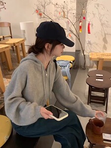 秋冬新款连帽宽松针织外套拉链纯色开衫时尚百搭