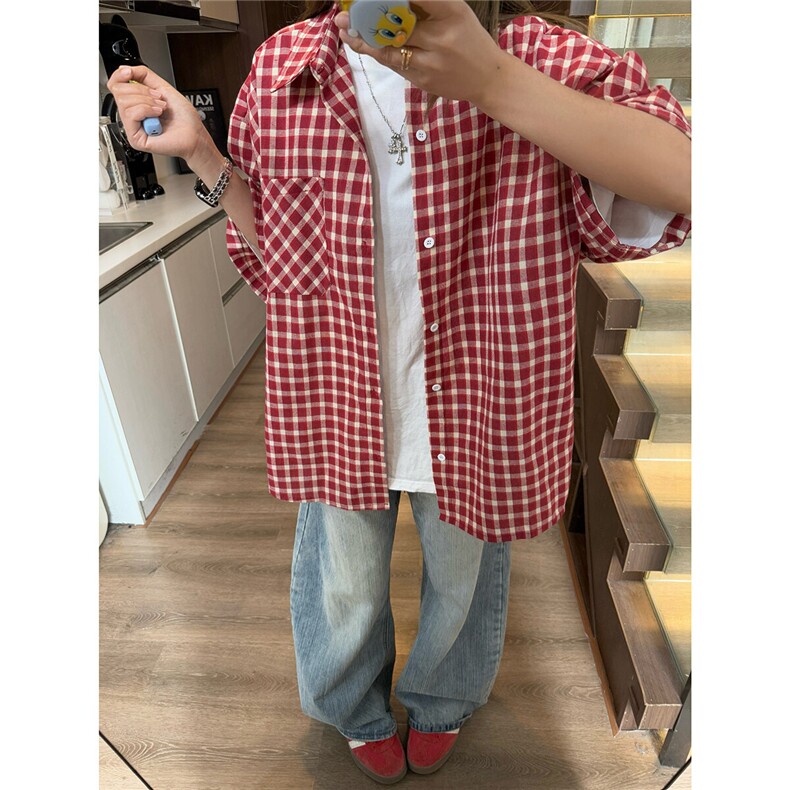 红色美式格子短袖衬衫男夏季薄款慵懒风格纹衬衣cleanfit情侣外套,男装T恤,电商D232