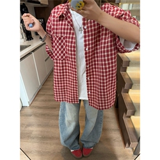 红色美式格子短袖衬衫男夏季薄款慵懒风格纹衬衣cleanfit情侣外套，男装T恤，电商D232