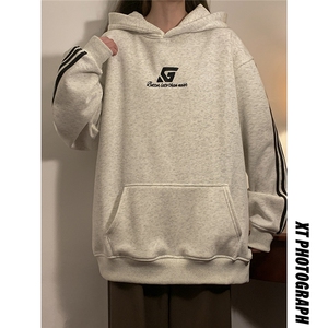 中性风连帽刺绣LOGO字母设计袖子三杠织带卫衣男WY77737P58控78图片