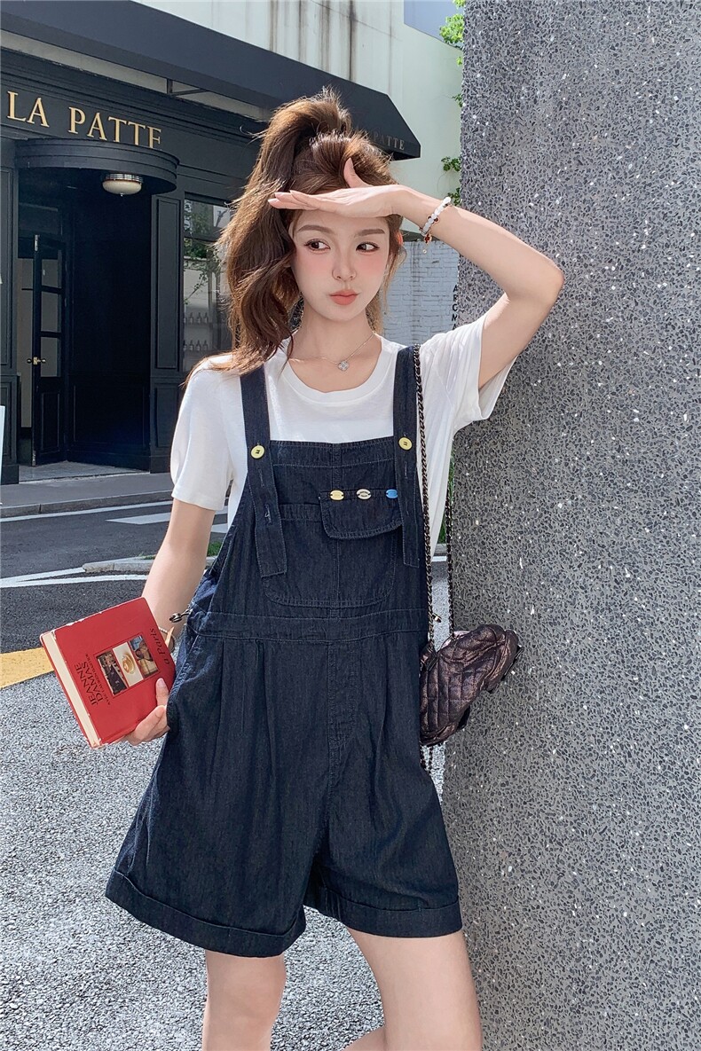 牛仔背带裤T恤两件套女夏2025新款宽松气质复古减龄洋气连体短裤,女装套装/套裙,2C236
