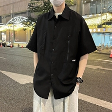 W470-P42日系设计感清新工装拉链短袖衬衫夏季休闲宽松衬衣男女，男装衬衫，星座911-1