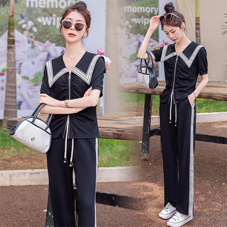 时尚流行运动休闲套装女夏2023新款潮流翻领短袖显瘦阔腿裤两件套,女装套装/套裙,曼娅璐