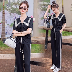 时尚流行运动休闲套装女夏2023新款潮流翻领短袖显瘦阔腿裤两件套，女装套装/套裙，曼娅璐