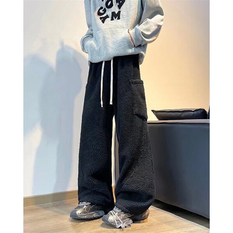 羊羔绒休闲卫裤男女秋冬季宽松多口袋保暖工装直筒裤KB65,男装休闲裤,星座1116A-1（原606A）