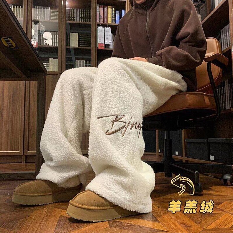 0414港风刺绣字母羊羔绒保暖棉裤宽松直筒加厚卫裤美式阔腿休闲裤,男装休闲裤,星座308A-1（原309B-1）