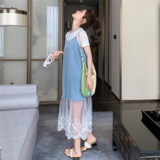 小个子夏日清纯甜美穿搭套装女2025新款t恤网纱牛仔吊带裙两件套，女装连衣裙，2C032