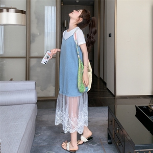 小个子夏日清纯甜美穿搭套装女2025新款t恤网纱牛仔吊带裙两件套图片
