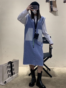 拼色牛仔马甲连衣裙，女装马甲，Alissa Lin