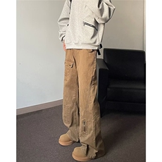 美拉德棕色小众解构设计感牛仔裤男款宽松直筒微喇工装裤B0043，男装牛仔裤，星座506