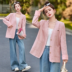 蕾丝花边粉色西装外套女2025春季新款高级感洋气百搭休闲宽松上衣，女装短外套，依如秀(原杭风阁)