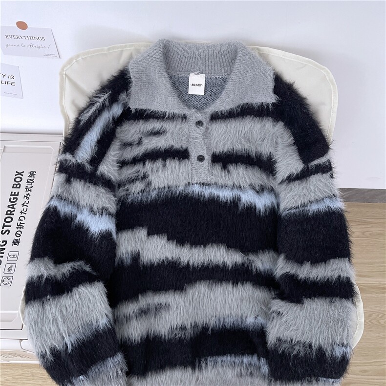 条纹仿貂毛polo领针织毛衣女秋冬美式设计感宽松慵懒上衣，男装针织衫/毛衣，星座506A
